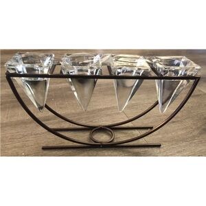 Candle Holder Art Deco Style Clear‎ Glass Brown Metal 4 Tea Lights Excellent